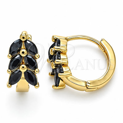 Oro Laminado Huggie Hoop, Gold Filled Style Leaf Design, with Black Cubic Zirconia, Polished, Golden Finish, 02.210.0489.4.15