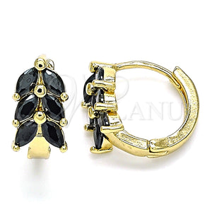 Gold Filled Hoop Earrings — Huggie Hoop Leaf Design with Black Cubic Zirconia — main product view — SKU 142832 | Oro Laminado aretes de aro — Huggie Hoop Leaf diseño with negro Cubic Zirconia — SKU 142832