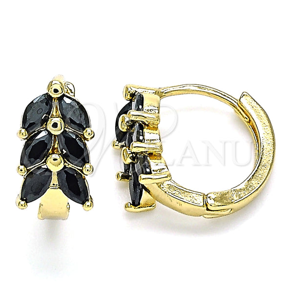 Gold Filled Hoop Earrings — Huggie Hoop Leaf Design with Black Cubic Zirconia — main product view — SKU 142832 | Oro Laminado aretes de aro — Huggie Hoop Leaf diseño with negro Cubic Zirconia — SKU 142832