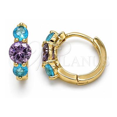 Oro Laminado Huggie Hoop, Gold Filled Style with Aqua Blue and Amethyst Cubic Zirconia, Polished, Golden Finish, 02.210.0490.2.15