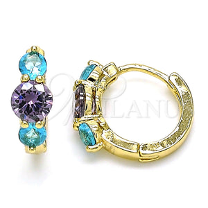 Gold Filled Hoop Earrings — Huggie Hoop with Aqua Blue and Amethyst Cubic — main product view — SKU 142835 | Oro Laminado aretes de aro — Huggie Hoop with Aqua Blue and Amethyst Cubic — SKU 142835