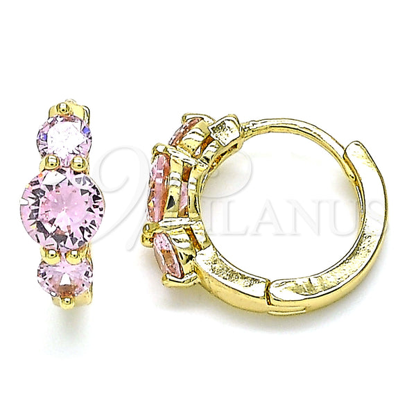 Gold Filled Hoop Earrings — Huggie Hoop with Pink Cubic Zirconia Polished 02. — main product view — SKU 142836 | Oro Laminado aretes de aro — Huggie Hoop with Pink Cubic Zirconia pulido 02. — SKU 142836
