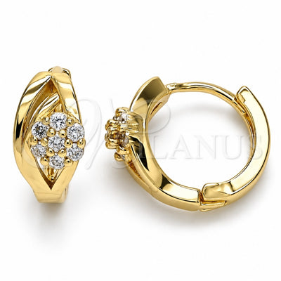 Oro Laminado Huggie Hoop, Gold Filled Style Flower Design, with White Cubic Zirconia, Polished, Golden Finish, 02.210.0491.15