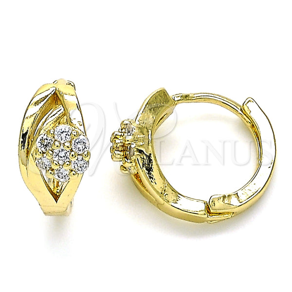 Gold Filled Hoop Earrings — Huggie Hoop Flower Design with White Cubic Zirconia — main product view — SKU 142838 | Oro Laminado aretes de aro — Huggie Hoop flor diseño with blanco Cubic Zirconia — SKU 142838