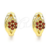 Oro Laminado Huggie Hoop, Gold Filled Style Flower Design, with Garnet Cubic Zirconia, Polished, Golden Finish, 02.210.0491.1.15