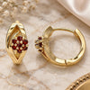 Oro Laminado Huggie Hoop, Gold Filled Style Flower Design, with Garnet Cubic Zirconia, Polished, Golden Finish, 02.210.0491.1.15