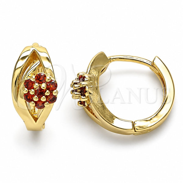 Oro Laminado Huggie Hoop, Gold Filled Style Flower Design, with Garnet Cubic Zirconia, Polished, Golden Finish, 02.210.0491.1.15