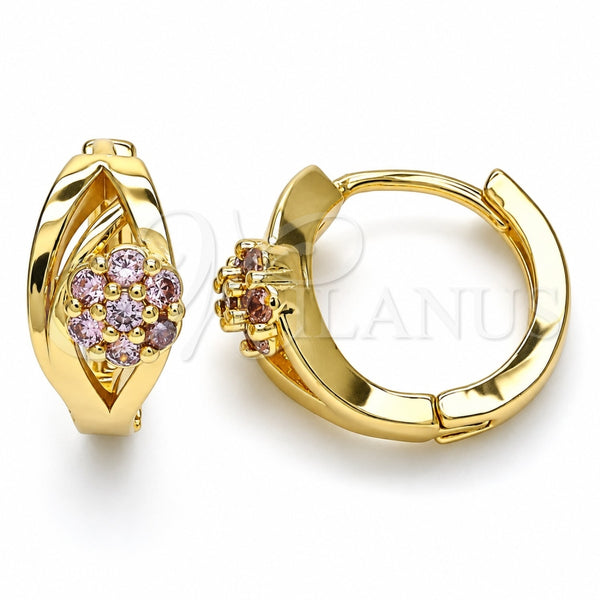 Oro Laminado Huggie Hoop, Gold Filled Style Flower Design, with Pink Cubic Zirconia, Polished, Golden Finish, 02.210.0491.2.15