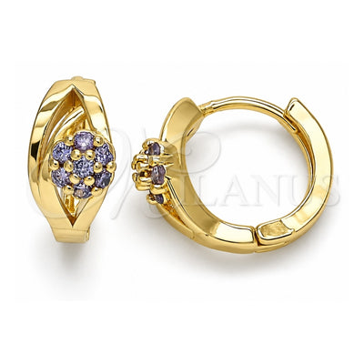 Oro Laminado Huggie Hoop, Gold Filled Style Flower Design, with Amethyst Cubic Zirconia, Polished, Golden Finish, 02.210.0491.3.15