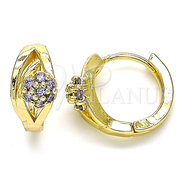 Gold Filled Hoop Earrings — Huggie Hoop Flower Design with Amethyst Cubic Zirconia — main product view — SKU 142841 | Oro Laminado aretes de aro — Huggie Hoop flor diseño with Amethyst Cubic Zirconia — SKU 142841