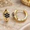 Oro Laminado Huggie Hoop, Gold Filled Style Flower Design, with Black Cubic Zirconia, Polished, Golden Finish, 02.210.0491.4.15