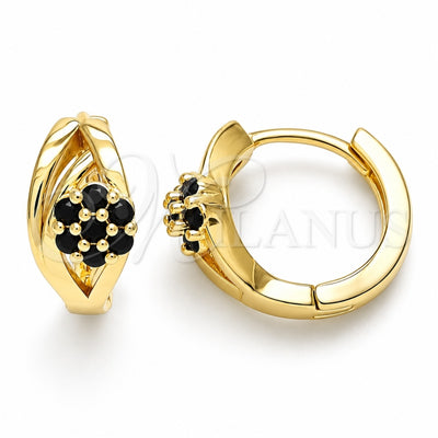 Oro Laminado Huggie Hoop, Gold Filled Style Flower Design, with Black Cubic Zirconia, Polished, Golden Finish, 02.210.0491.4.15