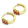 Oro Laminado Huggie Hoop, Gold Filled Style Baguette Design, with Garnet Cubic Zirconia, Polished, Golden Finish, 02.210.0492.1.15