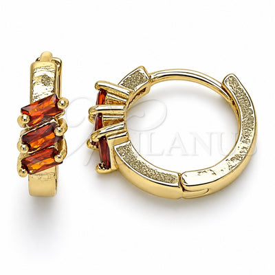 Oro Laminado Huggie Hoop, Gold Filled Style Baguette Design, with Garnet Cubic Zirconia, Polished, Golden Finish, 02.210.0492.1.15