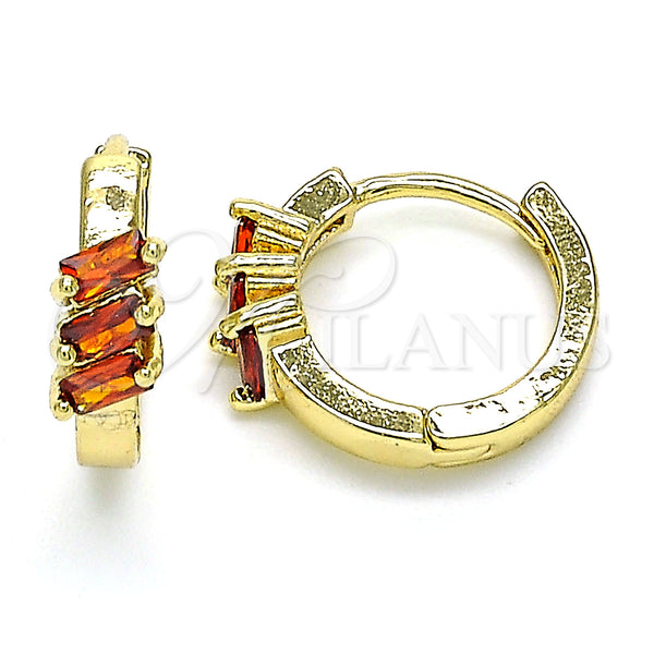 Gold Filled Hoop Earrings — Huggie Hoop Baguette Design with Garnet Cubic Zirconia — main product view — SKU 142844 | Oro Laminado aretes de aro — Huggie Hoop Baguette diseño with Garnet Cubic Zirconia — SKU 142844