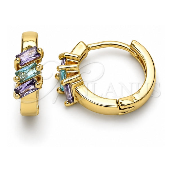 Oro Laminado Huggie Hoop, Gold Filled Style with Amethyst and Aqua Blue Cubic Zirconia, Polished, Golden Finish, 02.210.0492.2.15