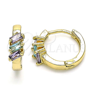 Gold Filled Hoop Earrings — Huggie Hoop with Amethyst and Aqua Blue Cubic — main product view — SKU 142845 | Oro Laminado aretes de aro — Huggie Hoop with Amethyst and Aqua Blue Cubic — SKU 142845