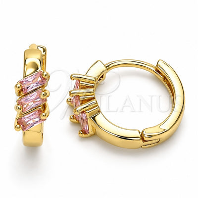 Oro Laminado Huggie Hoop, Gold Filled Style Baguette Design, with Pink Cubic Zirconia, Polished, Golden Finish, 02.210.0492.3.15