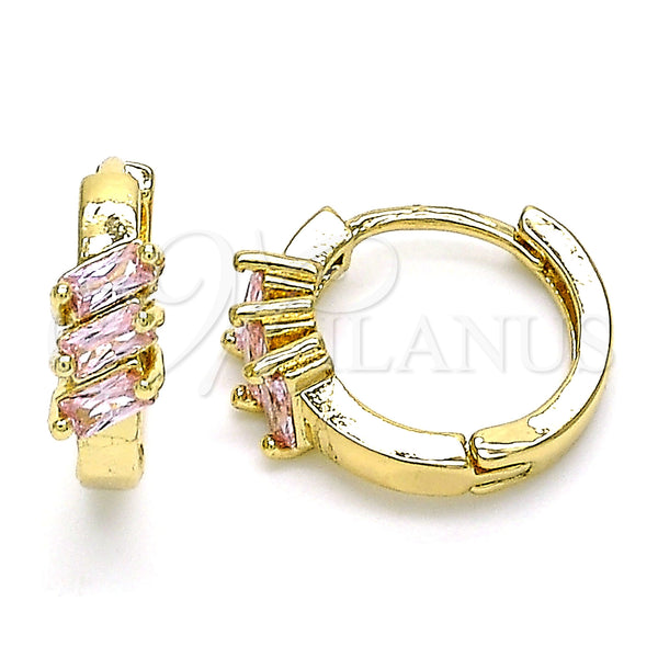 Gold Filled Hoop Earrings — Huggie Hoop Baguette Design with Pink Cubic Zirconia — main product view — SKU 142846 | Oro Laminado aretes de aro — Huggie Hoop Baguette diseño with Pink Cubic Zirconia — SKU 142846