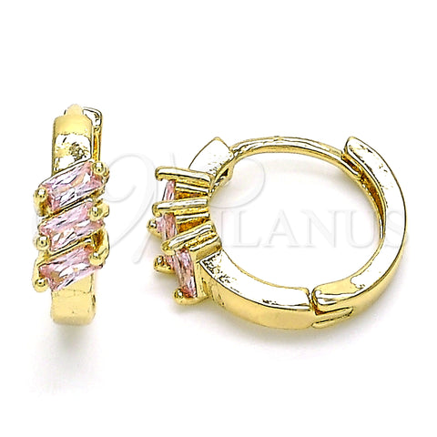 Oro Laminado Huggie Hoop, Gold Filled Style Baguette Design, with Pink Cubic Zirconia, Polished, Golden Finish, 02.210.0492.3.15
