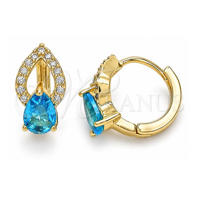 Oro Laminado Huggie Hoop, Gold Filled Style Teardrop Design, with Aqua Blue Cubic Zirconia and White Micro Pave, Polished, Golden Finish, 02.210.0493.1.15