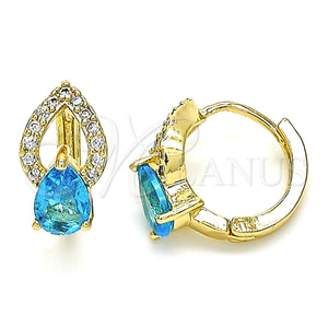 Gold Filled Hoop Earrings — Huggie Hoop Teardrop Design with Aqua Blue Cubic — main product view — SKU 142849 | Oro Laminado aretes de aro — Huggie Hoop Teardrop diseño with Aqua Blue Cubic — SKU 142849