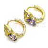 Oro Laminado Huggie Hoop, Gold Filled Style Teardrop Design, with Amethyst Cubic Zirconia and White Micro Pave, Polished, Golden Finish, 02.210.0493.2.15
