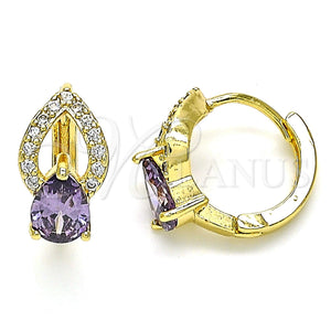Gold Filled Hoop Earrings — Huggie Hoop Teardrop Design with Amethyst Cubic Zirconia — main product view — SKU 142850 | Oro Laminado aretes de aro — Huggie Hoop Teardrop diseño with Amethyst Cubic Zirconia — SKU 142850