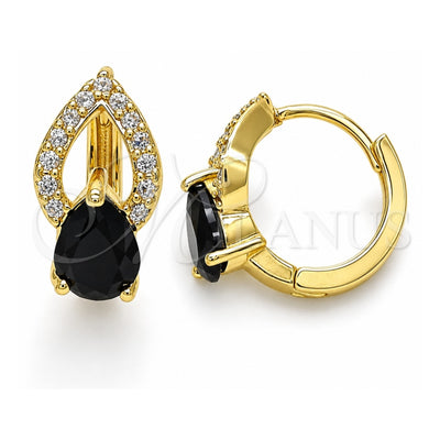 Oro Laminado Huggie Hoop, Gold Filled Style Teardrop Design, with Black Cubic Zirconia and White Micro Pave, Polished, Golden Finish, 02.210.0493.5.15