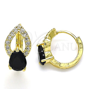 Gold Filled Hoop Earrings — Huggie Hoop Teardrop Design with Black Cubic Zirconia — main product view — SKU 142853 | Oro Laminado aretes de aro — Huggie Hoop Teardrop diseño with negro Cubic Zirconia — SKU 142853