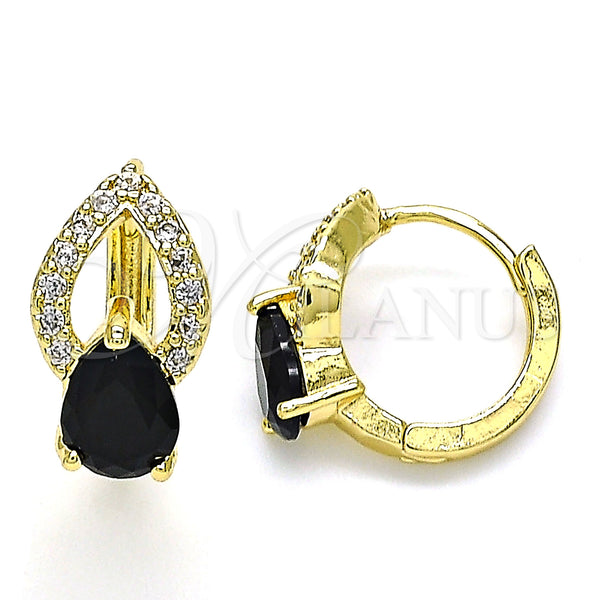 Gold Filled Hoop Earrings — Huggie Hoop Teardrop Design with Black Cubic Zirconia — main product view — SKU 142853 | Oro Laminado aretes de aro — Huggie Hoop Teardrop diseño with negro Cubic Zirconia — SKU 142853