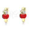 Oro Laminado Huggie Hoop, Gold Filled Style Apple Design, with White Cubic Zirconia, Red Enamel Finish, Golden Finish, 02.210.0494.15