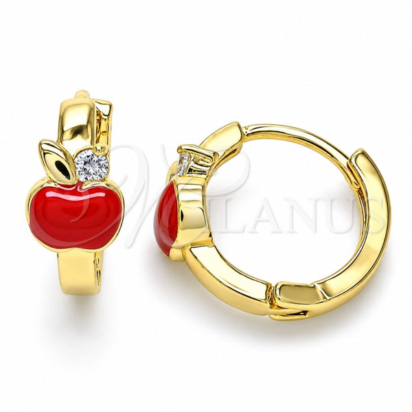 Oro Laminado Huggie Hoop, Gold Filled Style Apple Design, with White Cubic Zirconia, Red Enamel Finish, Golden Finish, 02.210.0494.15