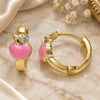 Oro Laminado Huggie Hoop, Gold Filled Style Apple Design, with White Cubic Zirconia, Pink Enamel Finish, Golden Finish, 02.210.0494.1.15