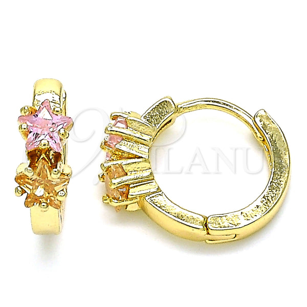 Gold Filled Hoop Earrings — Huggie Hoop Star Design with Champagne and Pink — main product view — SKU 142856 | Oro Laminado aretes de aro — Huggie Hoop estrella diseño with Champagne and Pink — SKU 142856