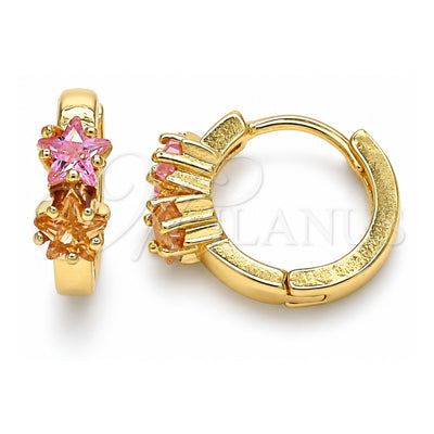 Oro Laminado Huggie Hoop, Gold Filled Style Star Design, with Champagne and Pink Cubic Zirconia, Polished, Golden Finish, 02.210.0495.15