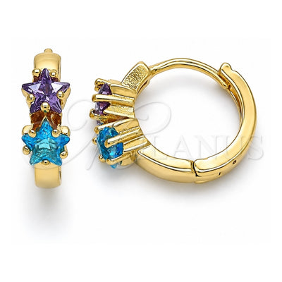 Oro Laminado Huggie Hoop, Gold Filled Style Star Design, with Amethyst and Aqua Blue Cubic Zirconia, Polished, Golden Finish, 02.210.0495.1.15