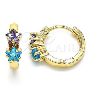 Gold Filled Hoop Earrings — Huggie Hoop Star Design with Amethyst and Aqua — main product view — SKU 142857 | Oro Laminado aretes de aro — Huggie Hoop estrella diseño with Amethyst and Aqua — SKU 142857