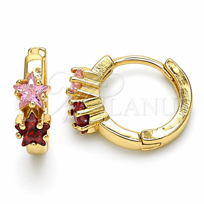 Oro Laminado Huggie Hoop, Gold Filled Style Star Design, with Garnet and Pink Cubic Zirconia, Polished, Golden Finish, 02.210.0495.2.15