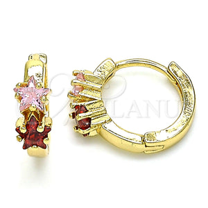 Gold Filled Hoop Earrings — Huggie Hoop Star Design with Garnet and Pink — main product view — SKU 142858 | Oro Laminado aretes de aro — Huggie Hoop estrella diseño with Garnet and Pink — SKU 142858