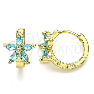 Gold Filled Hoop Earrings — Huggie Hoop Flower Design with Aqua Blue Cubic — main product view — SKU 142860 | Oro Laminado aretes de aro — Huggie Hoop flor diseño with Aqua Blue Cubic — SKU 142860