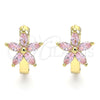 Oro Laminado Huggie Hoop, Gold Filled Style Flower Design, with Pink Cubic Zirconia, Polished, Golden Finish, 02.210.0496.2.15