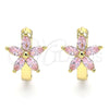 Oro Laminado Huggie Hoop, Gold Filled Style Flower Design, with Pink Cubic Zirconia, Polished, Golden Finish, 02.210.0496.2.15