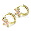Oro Laminado Huggie Hoop, Gold Filled Style Flower Design, with Pink Cubic Zirconia, Polished, Golden Finish, 02.210.0496.2.15