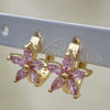 Oro Laminado Huggie Hoop, Gold Filled Style Flower Design, with Pink Cubic Zirconia, Polished, Golden Finish, 02.210.0496.2.15