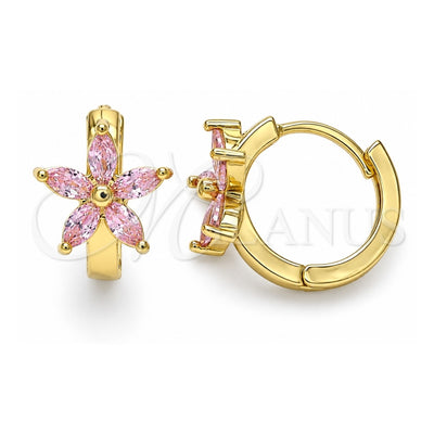 Oro Laminado Huggie Hoop, Gold Filled Style Flower Design, with Pink Cubic Zirconia, Polished, Golden Finish, 02.210.0496.2.15