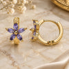 Oro Laminado Huggie Hoop, Gold Filled Style Flower Design, with Amethyst Cubic Zirconia, Polished, Golden Finish, 02.210.0496.3.15