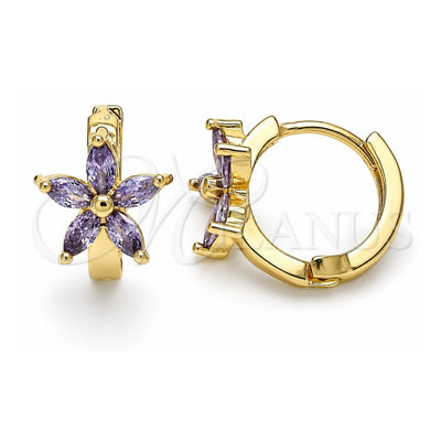 Oro Laminado Huggie Hoop, Gold Filled Style Flower Design, with Amethyst Cubic Zirconia, Polished, Golden Finish, 02.210.0496.3.15