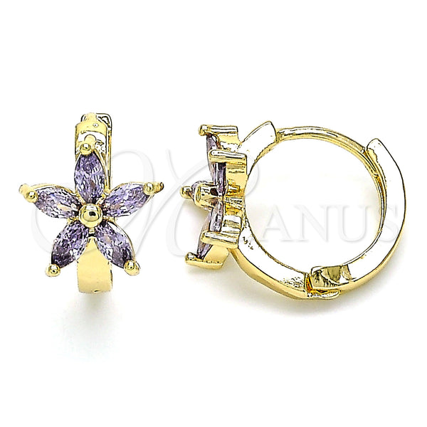 Gold Filled Hoop Earrings — Huggie Hoop Flower Design with Amethyst Cubic Zirconia — main product view — SKU 142862 | Oro Laminado aretes de aro — Huggie Hoop flor diseño with Amethyst Cubic Zirconia — SKU 142862