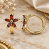 Oro Laminado Huggie Hoop, Gold Filled Style Flower Design, with Garnet Cubic Zirconia, Polished, Golden Finish, 02.210.0496.4.15